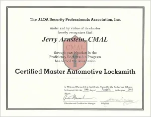 CMAL Certificate — Jerry Arnstein, Certified Master Automotive Locksmith